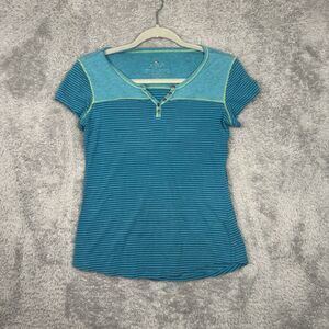 Kuhl Y2K Striped Henley Tee Blue Green Contrast Stitch Retro 2000s Fitted XS
